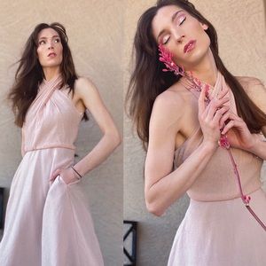 HALSTON Crossover Halter High Low Midi Dress